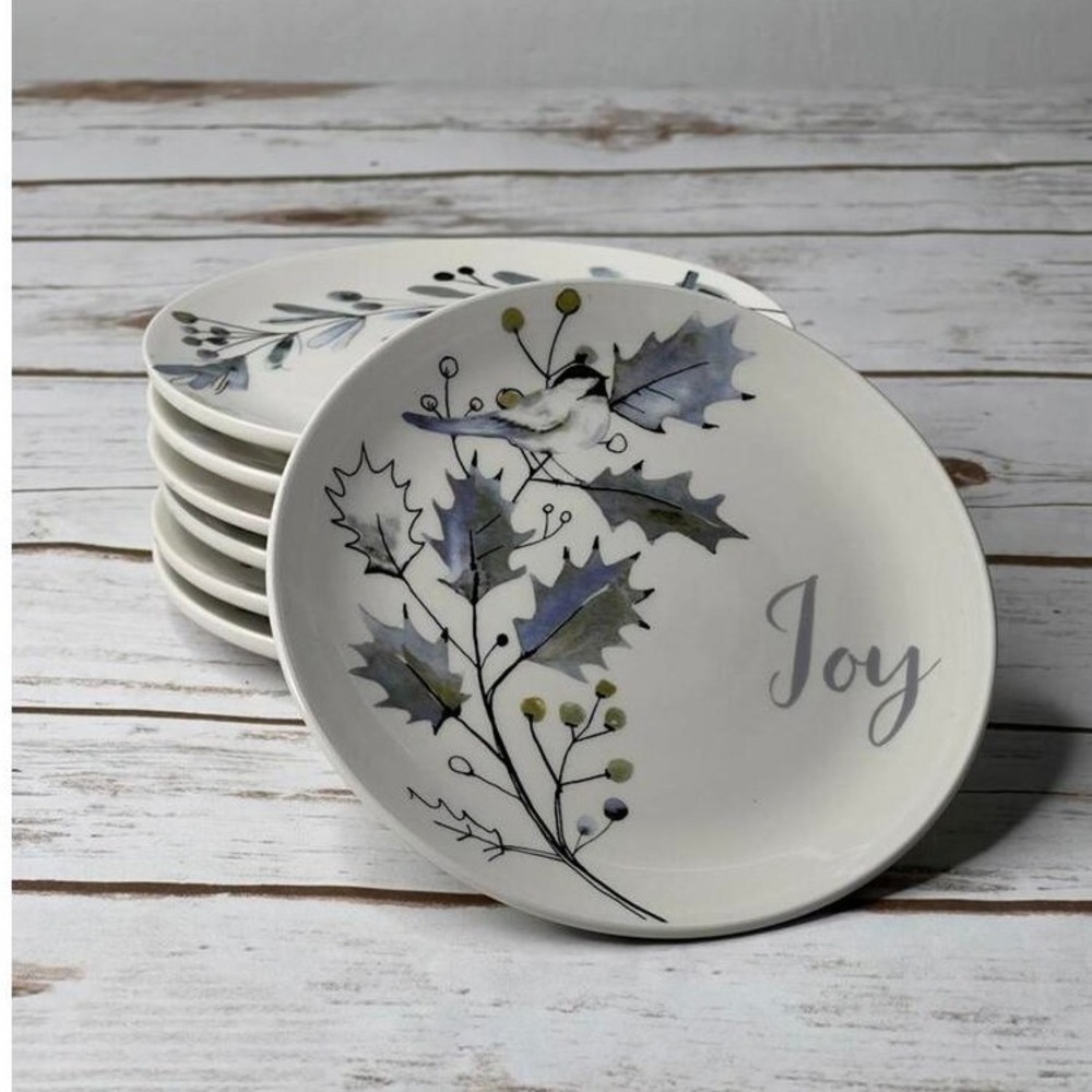 Fitz and Floyd Noel Noir Appetizer Plates Blue Gray Bird Set of 8 6in